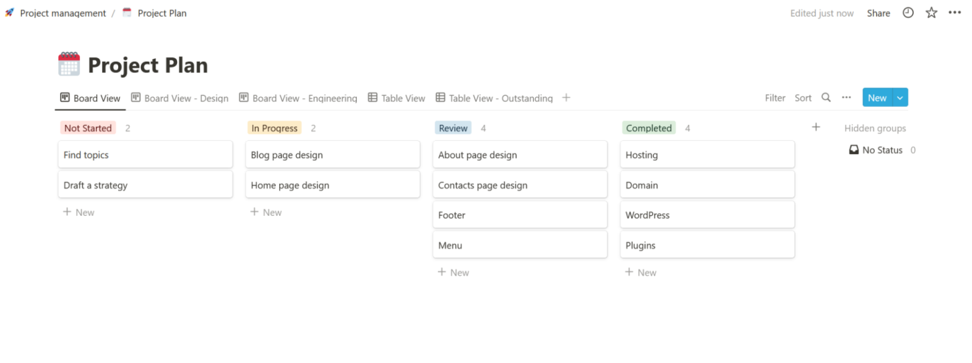 A basic database in Notion, viewed as a Kanban board