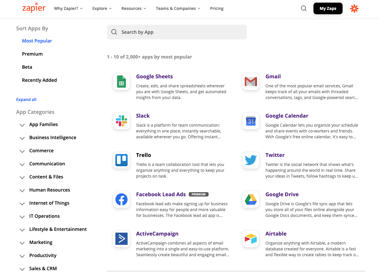A screenshot of the Zapier app directory, showing a search bar near the top, 10 apps and app logos in the middle, and a list of app categories on the left side, like business intelligence, commerce, and communication.