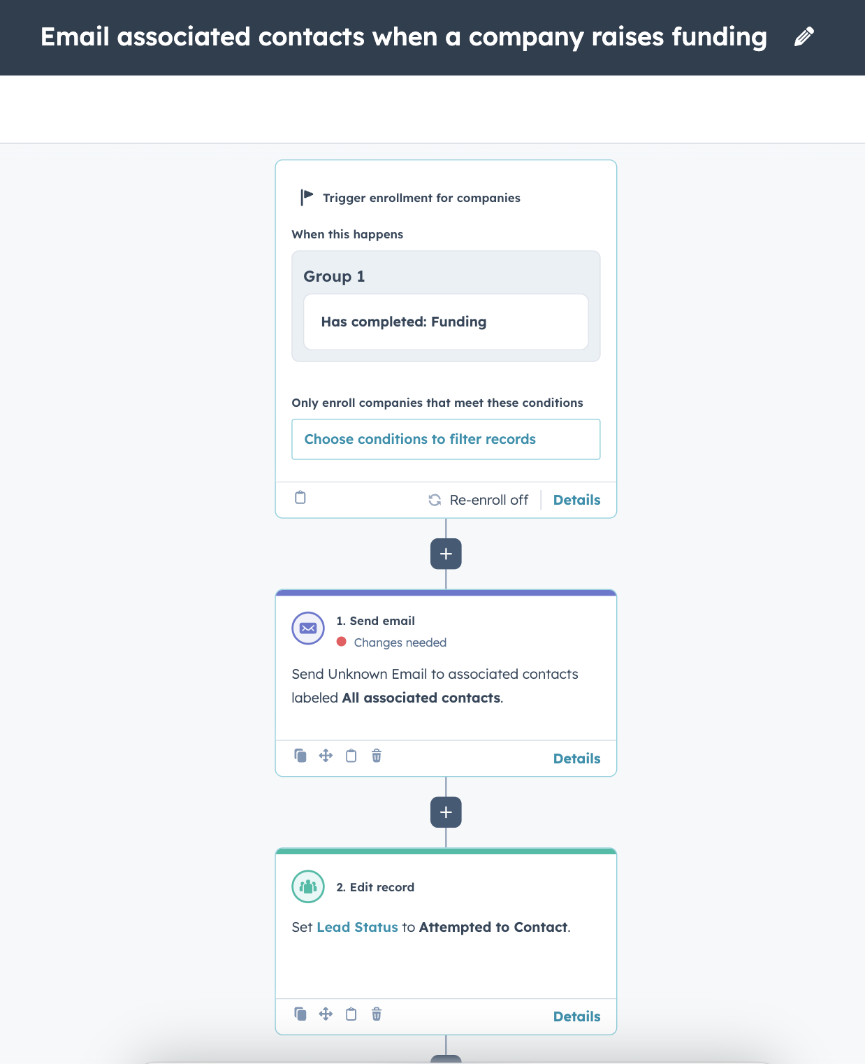 Screenshot of a HubSpot sales opportunity workflow.