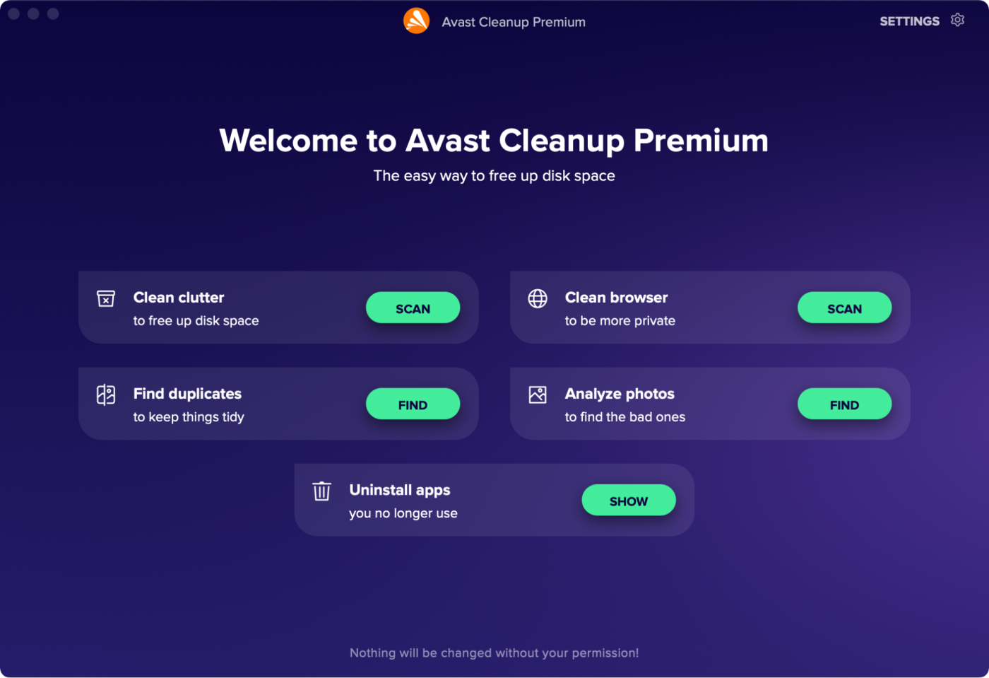 The main screen of Avast, with all the options for cleaning your Mac