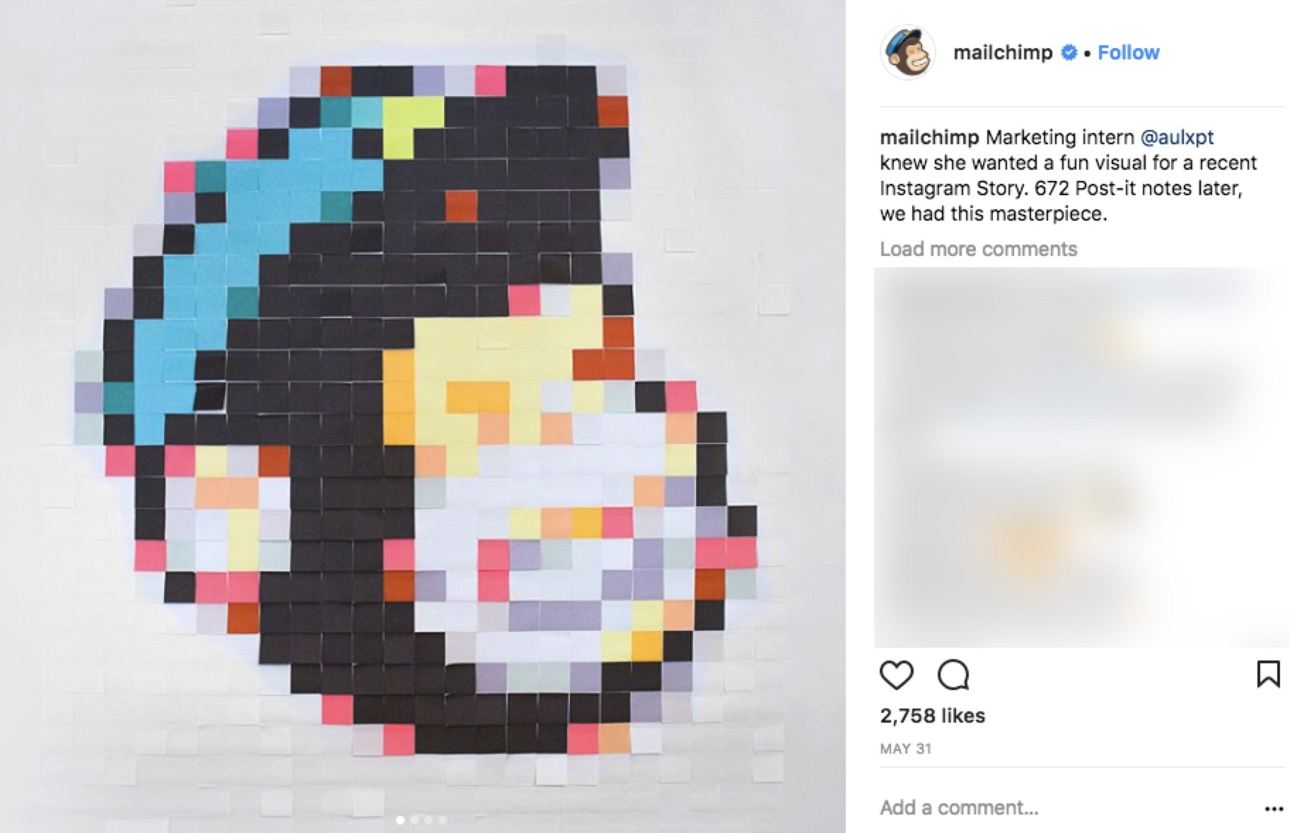 MailChimp Instagram post showing a marketing intern