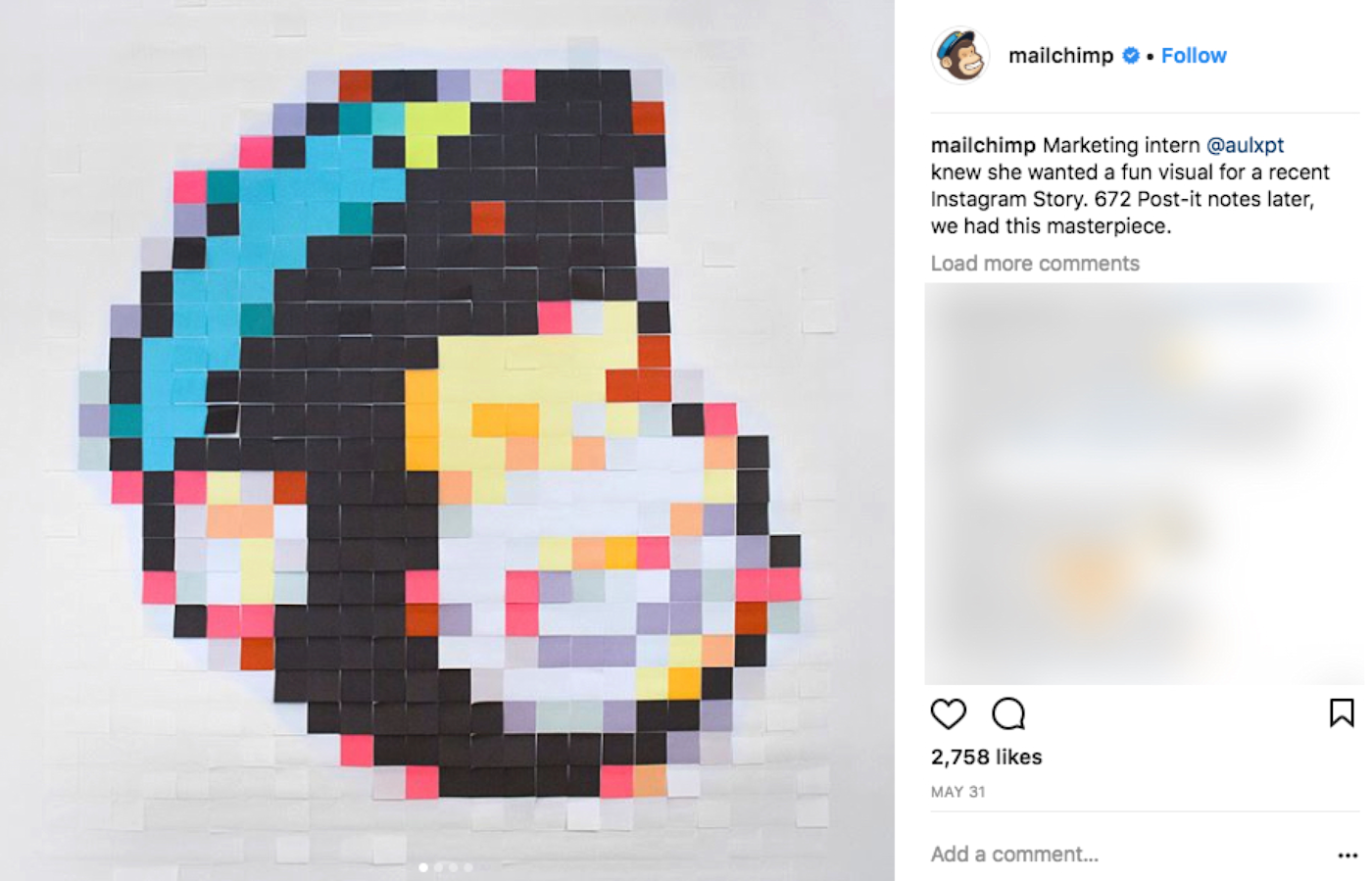 MailChimp Instagram post showing a marketing intern