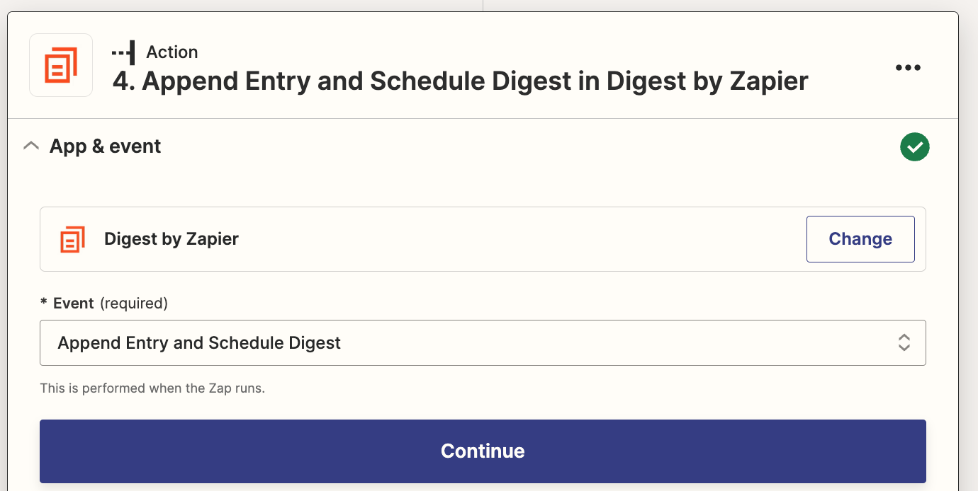 A Digest by Zapier step in the Zap editor with Append Entry and Schedule Digest selected for the action event.