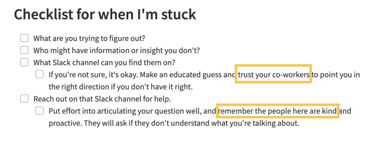 A checklist in Evernote with the title "Checklist for when I'm stuck." The list has questions prompting the author to consider areas where they may need help.