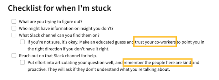 A checklist in Evernote with the title "Checklist for when I'm stuck." The list has questions prompting the author to consider areas where they may need help.