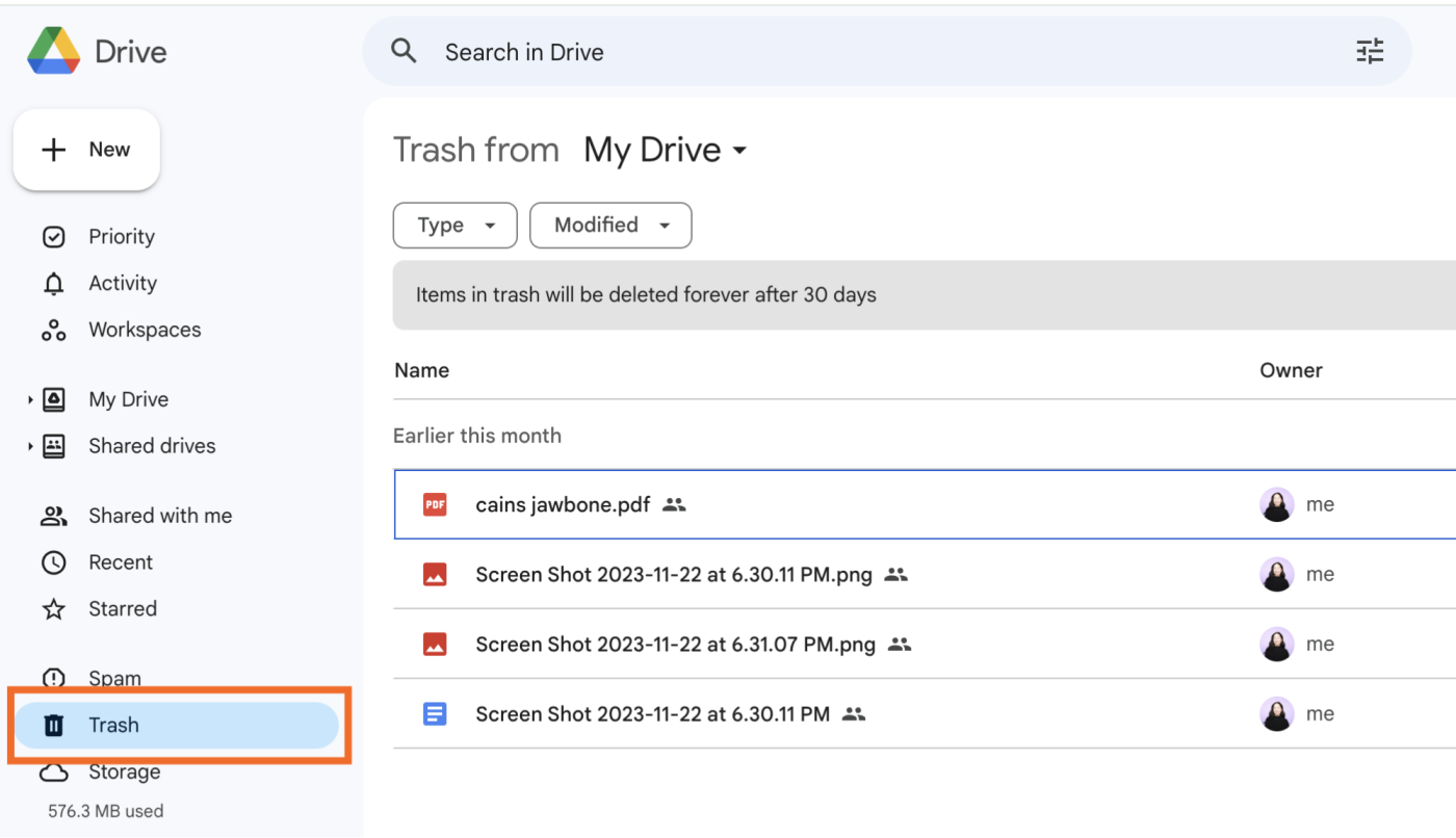 Trash folder in Google Drive. 