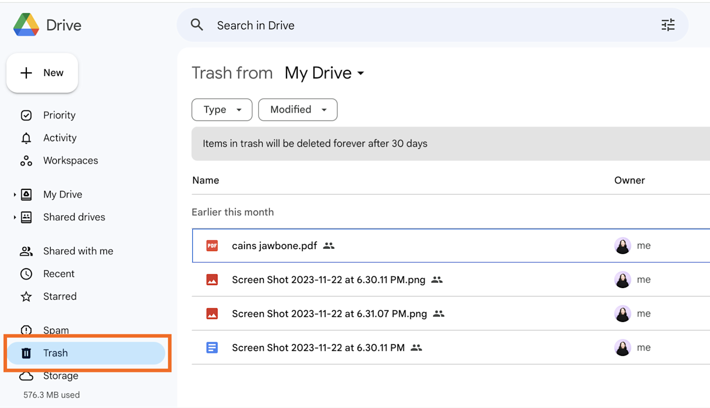 Trash folder in Google Drive. 