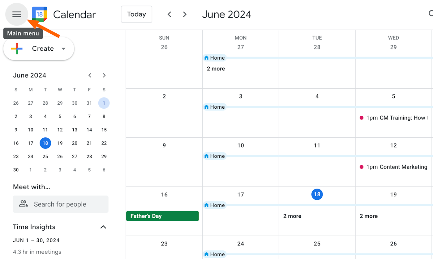 Image showing the main menu in Google Calendar