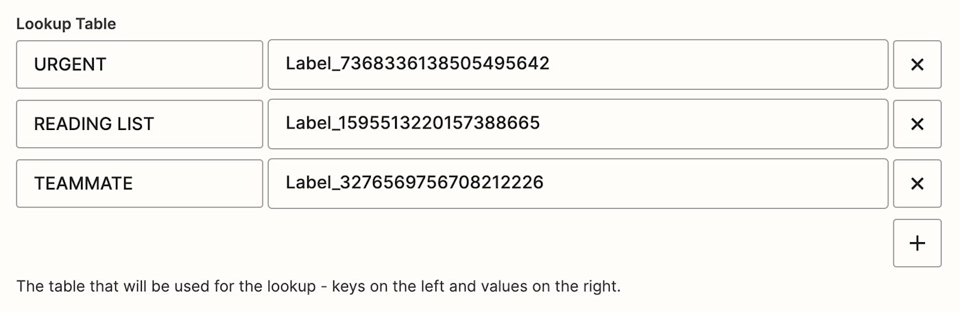 A screenshot of a lookup table as part of a formatter step in the Zapier editor.