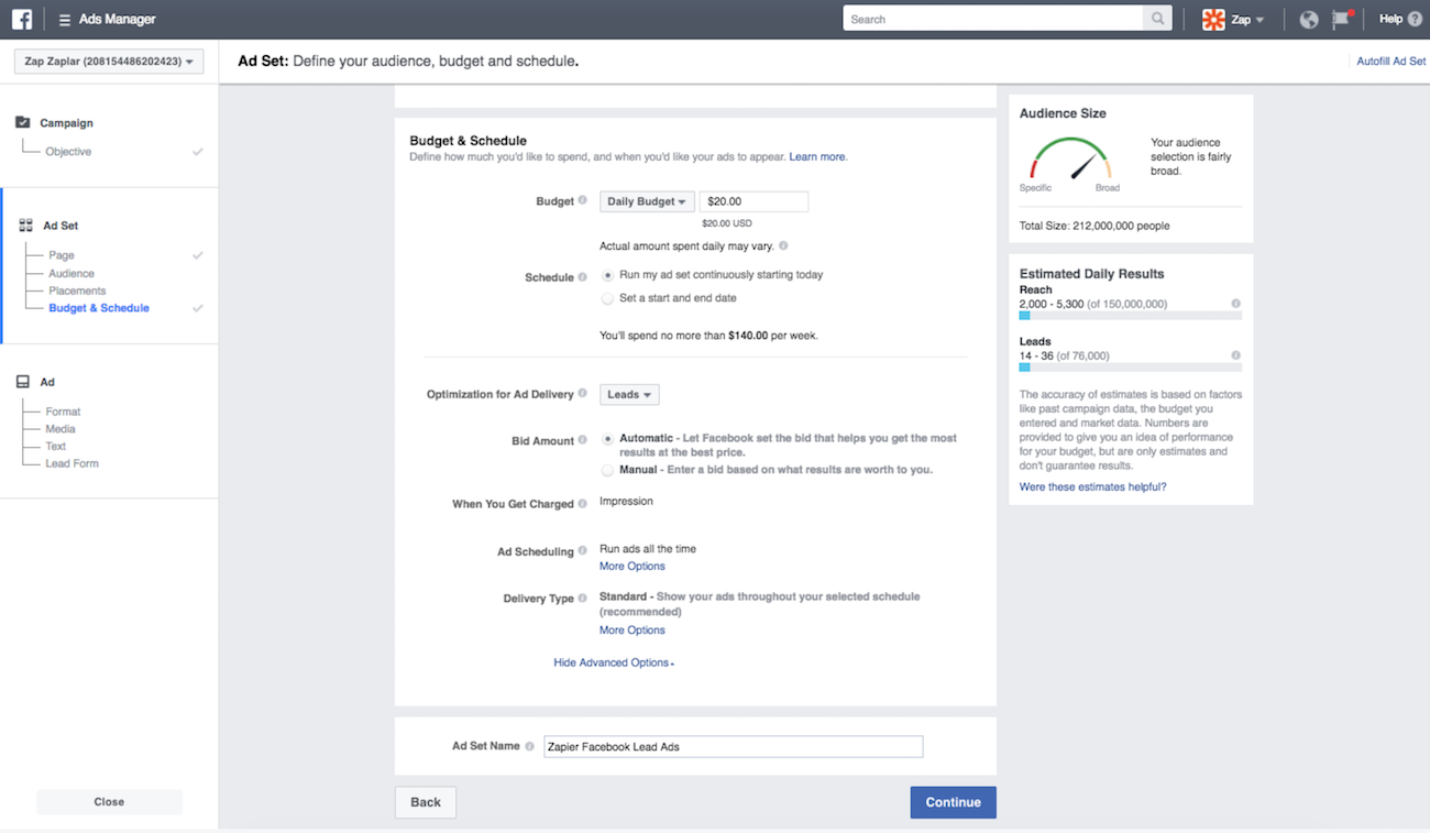 Set budget for Facebook Lead Ad