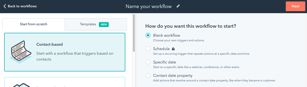 Selecting Contact-based workflows in HubSpot