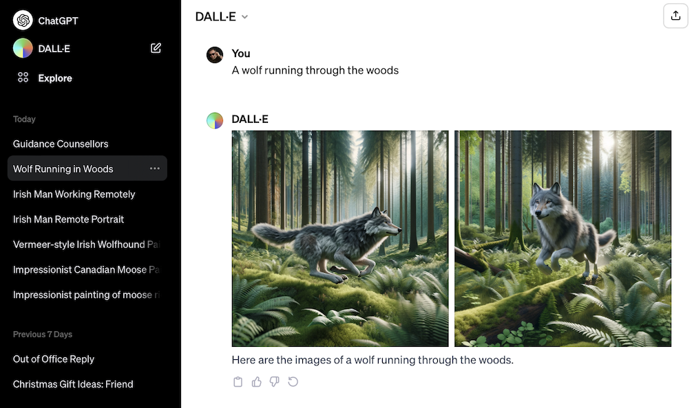 DALL-E 3 in ChatGPT producing two pictures of a wolf running through the woods