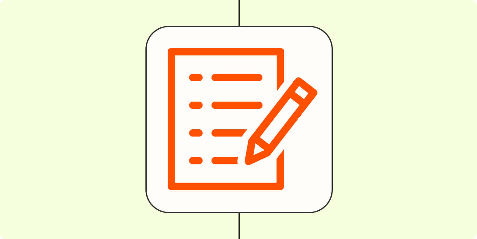 An icon of an online form in a white square on an orange background.