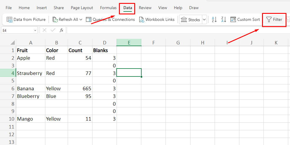 Clicking Data > Filter in Excel to delete blank rows