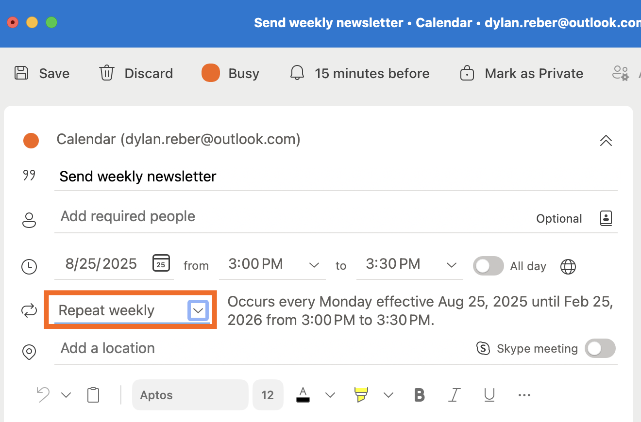 Screenshot showing how to set duration of a reminder in Outlook.