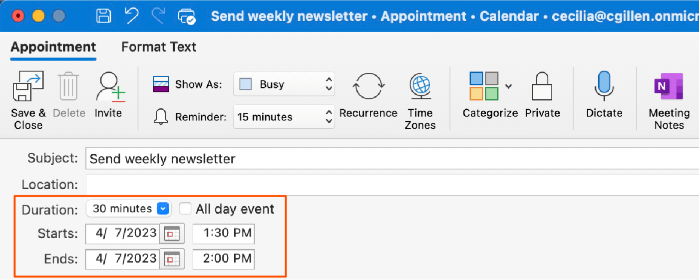 Screenshot showing how to set duration of a reminder in Outlook.