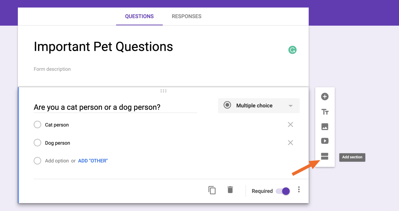 A form section in Google Forms with an arrow pointing to the "Add section" tool in the question menu. 
