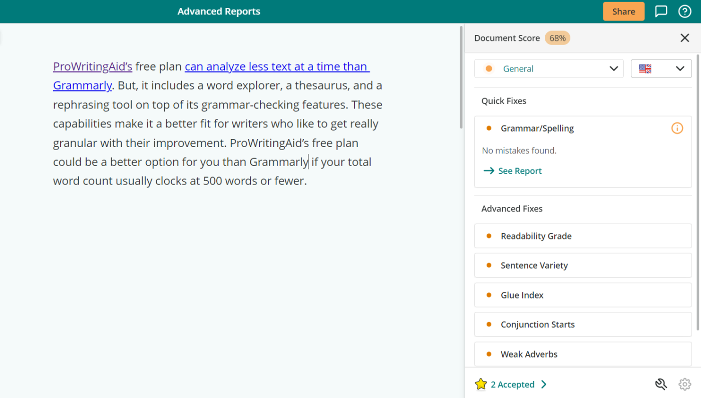 ProWritingAid, our pick for the best free writing tool for proofreading short-form content