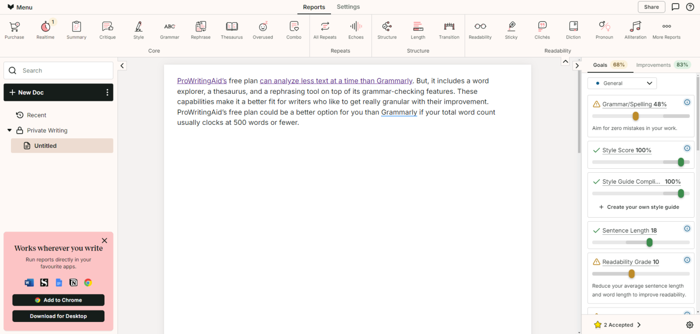 ProWritingAid, our pick for the best free writing tool for proofreading short-form content