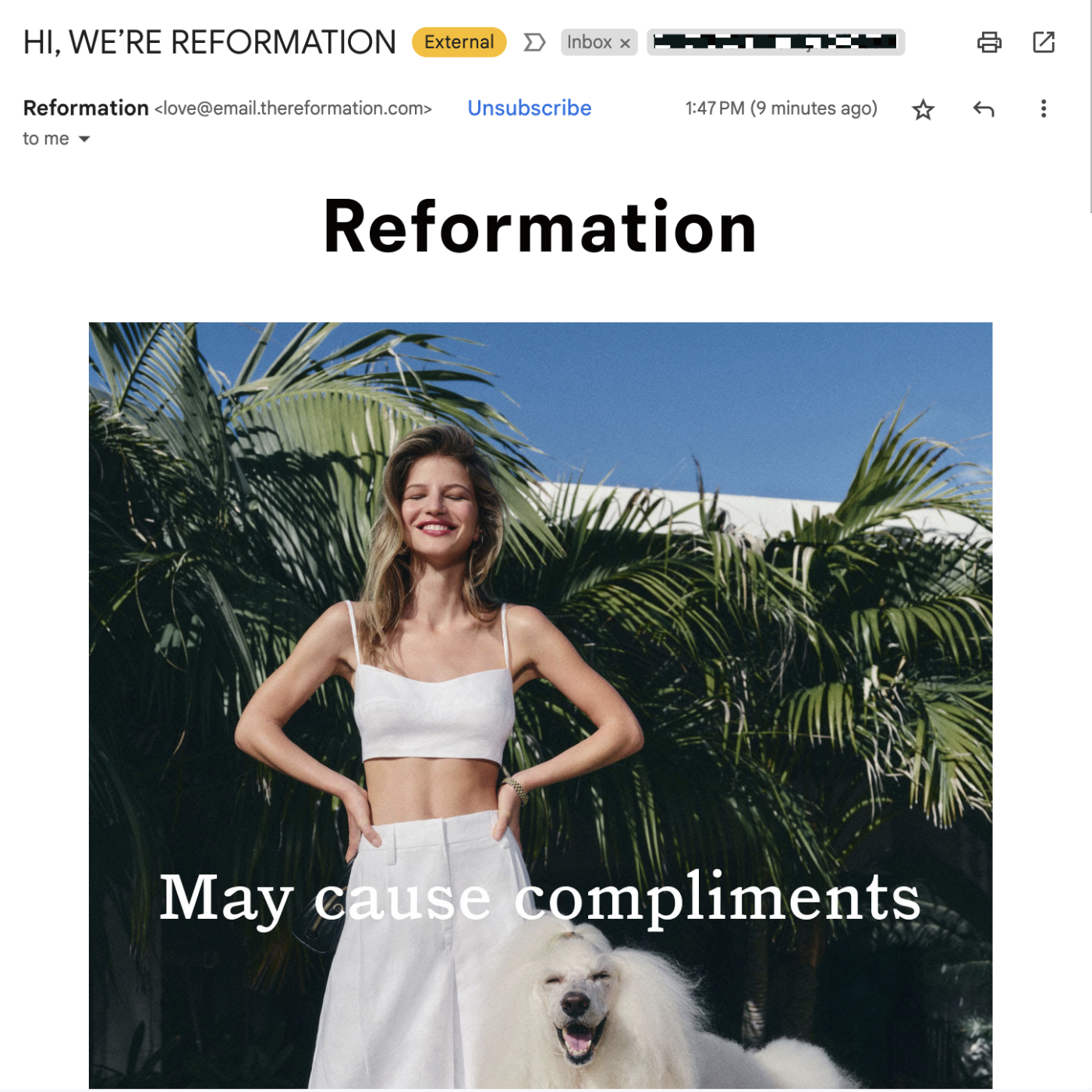 Email marketing example from the clothing company Reformation. 