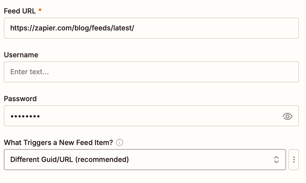 RSS feed fields in the Zap editor.