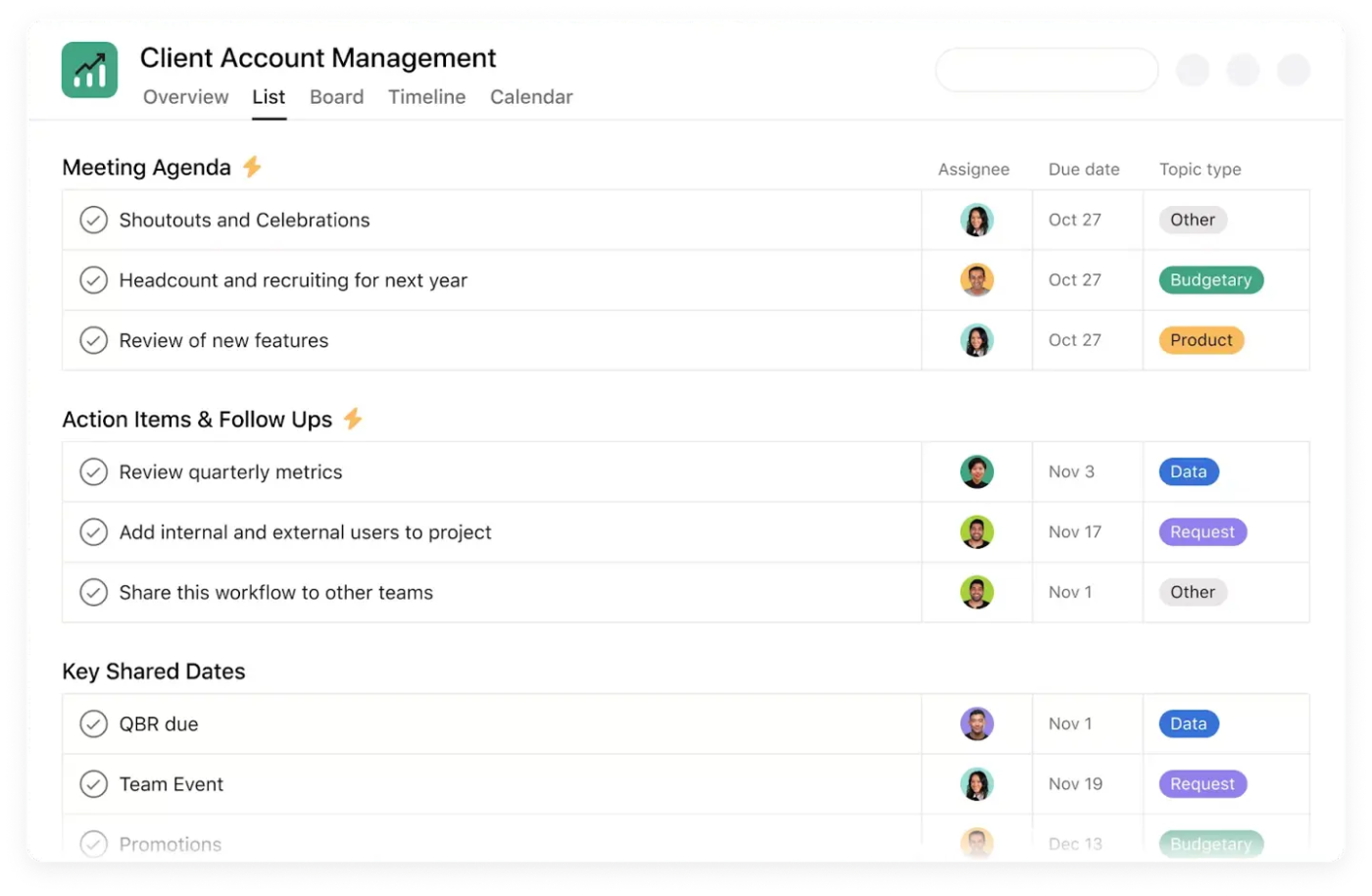 A template in Asana from an accounting firm