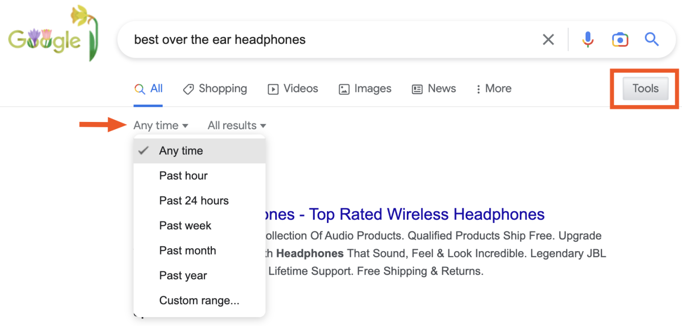 A portion of a Google Search results page for the best over the ear headphones with an arrow pointing to the filter Any time.