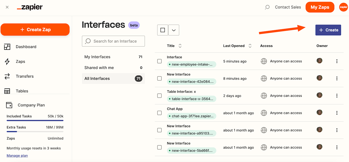 Click Create to start building an interface.