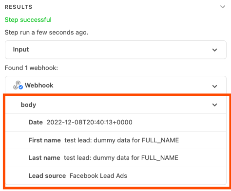 An orange box highlights the Facebook Lead Ads data that was sent with the webhooks step.