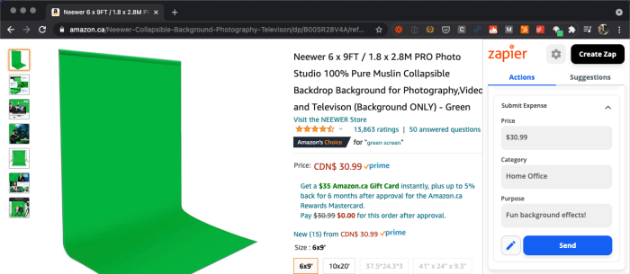 A screenshot of a URL to be saved showing a green screen item page from Amazon and the Zapier chrome extension interface on the right. There are fields for price, category, and purpose, under the heading "submit expense."
