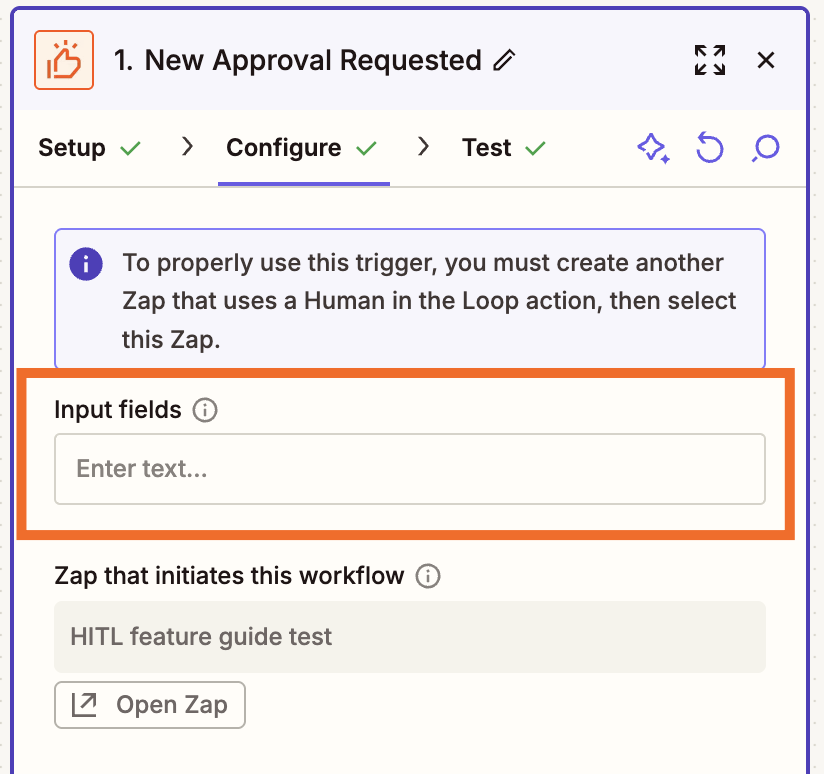 A window where you configure input fields for the New Approval Requested action event