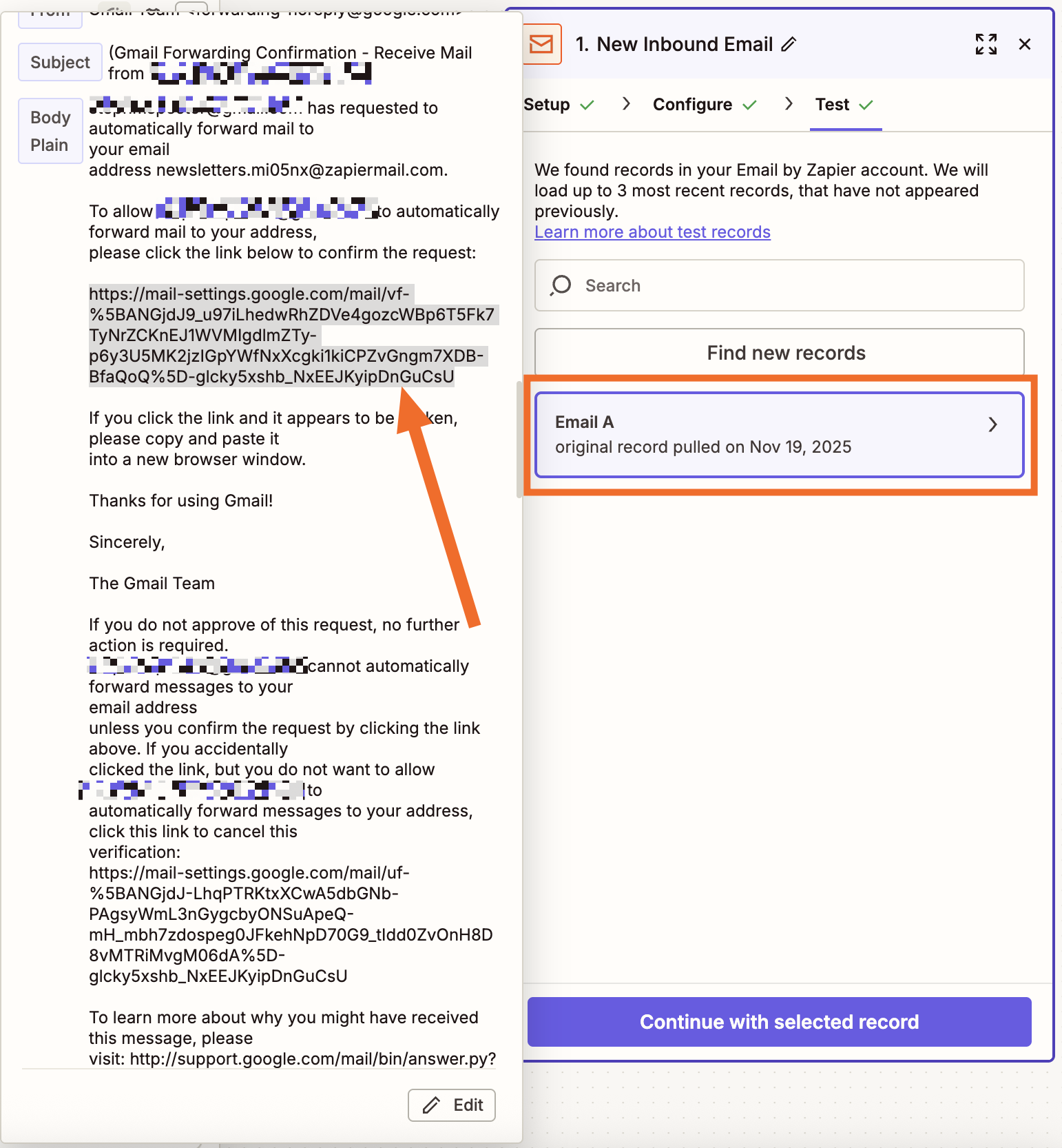 Zapier test step showing inbound Gmail confirmation email with arrow pointing to confirmation link and Email A record highlighted