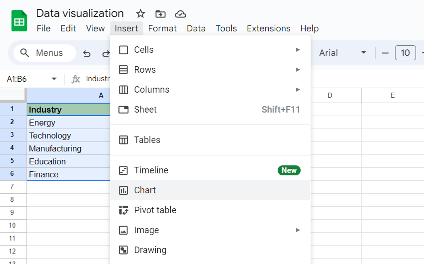 Screenshot of the Charts option in Sheets