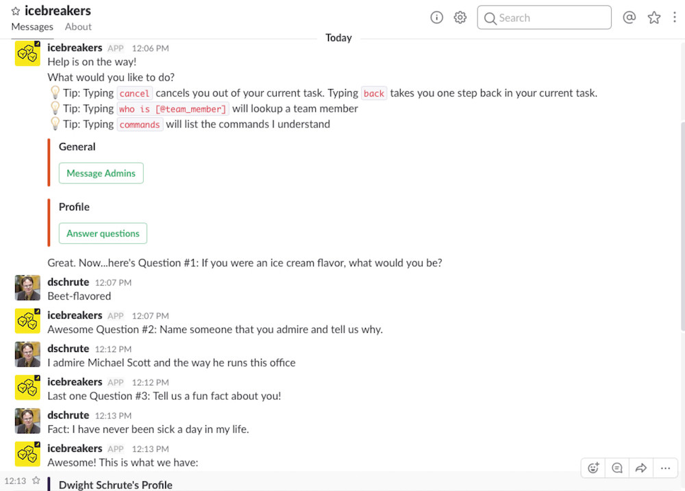 Icebreakers Slack app screenshot