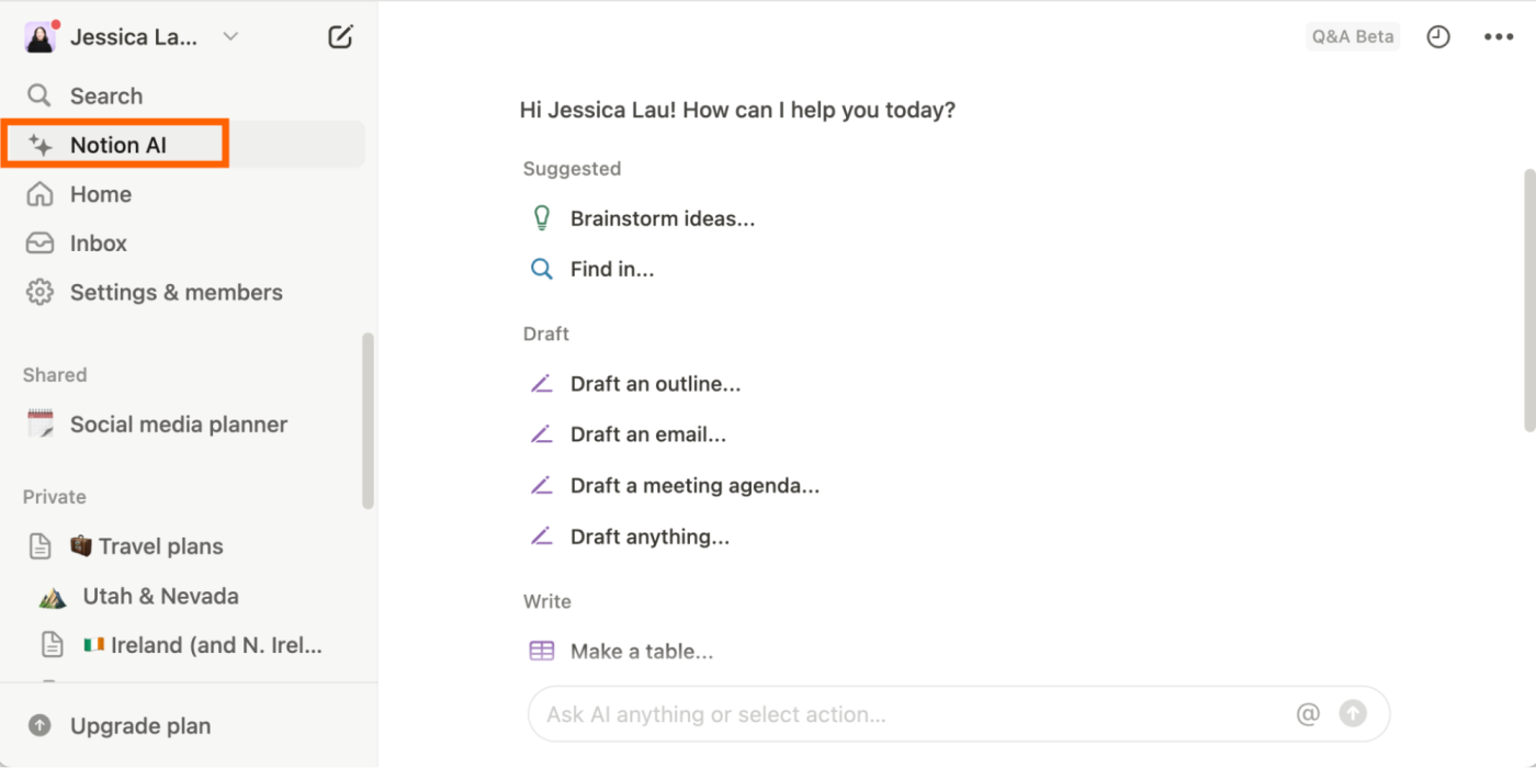 New Q&A conversation with Notion AI. 