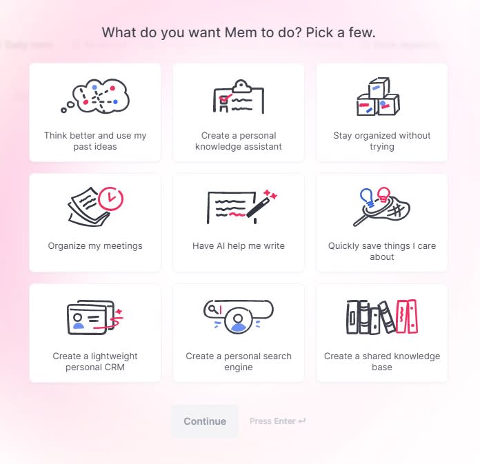Mem asking what you want to do with the product? Choices include everything from "Think better and use my past ideas" to "create a shared knowledge base"