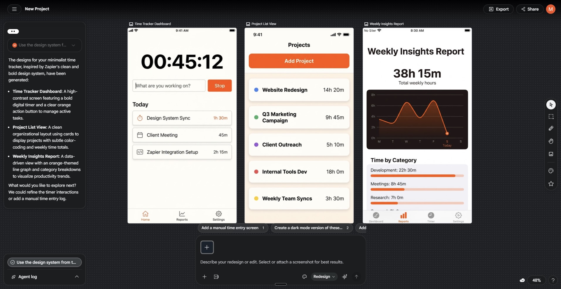 A mockup for a Zapier-themed time tracking mobile app.