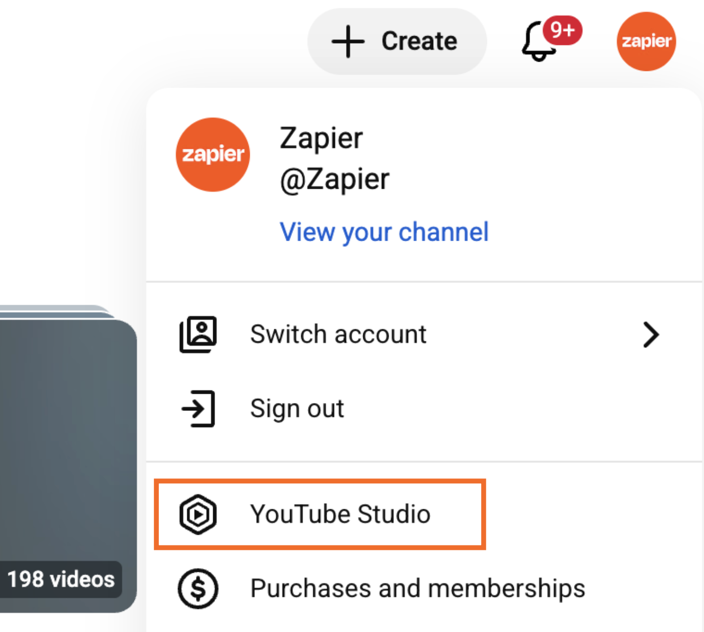 YouTube profile picture dropdown with YouTube Studio highlighted. 