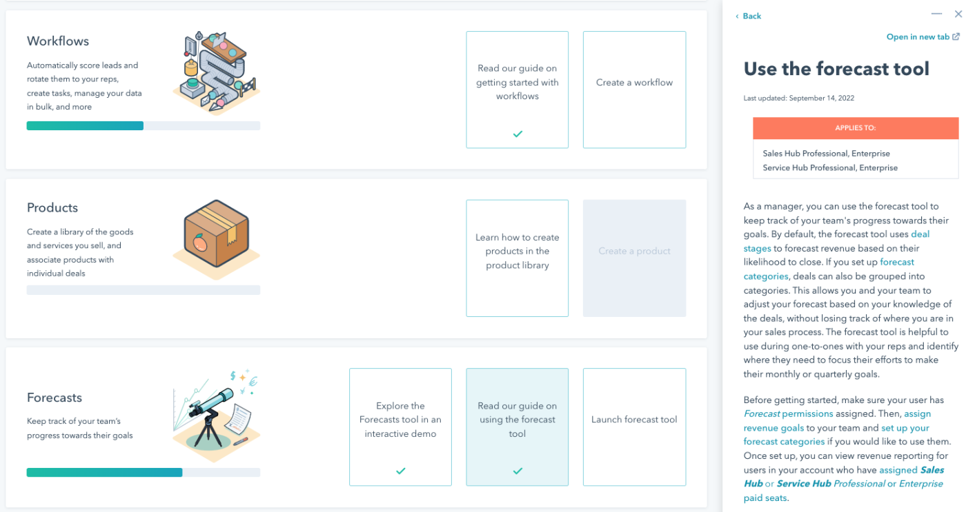 Screenshot of HubSpot's very robust onboarding guides