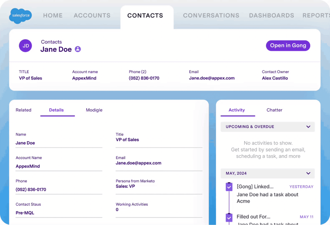 A GIF showing Gong's Salesforce integration
