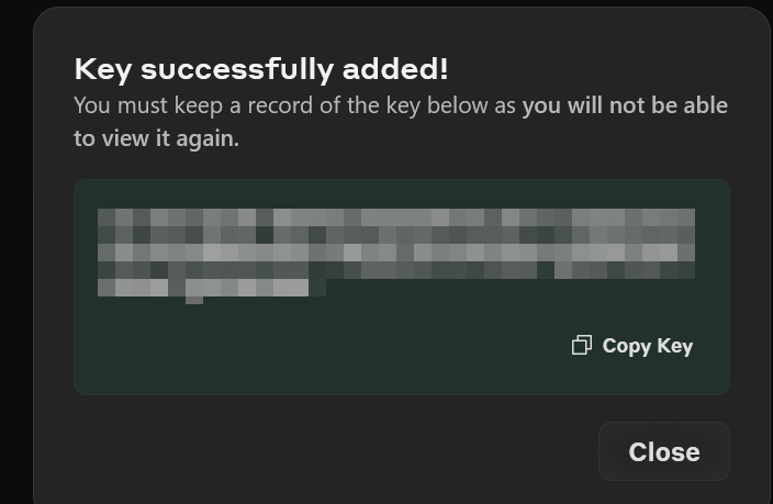 The success screen after creating a Claude API key