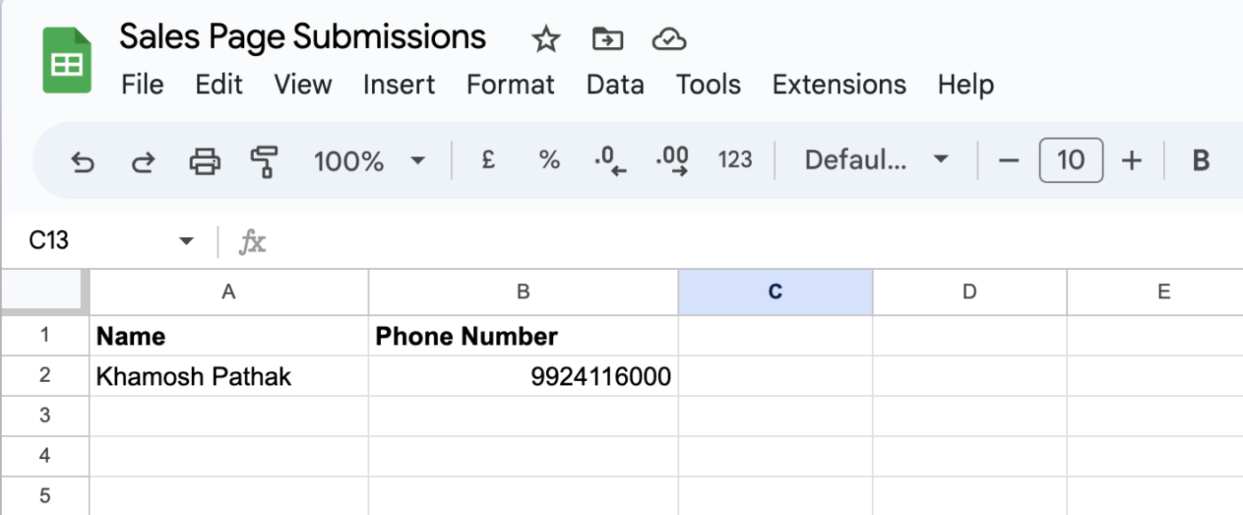 A Google Sheet with a client name and phone number added.