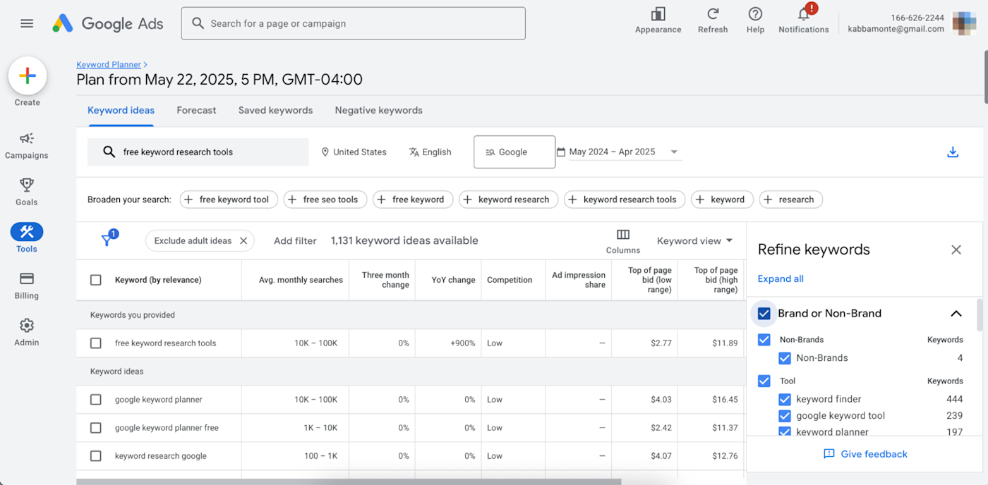 Google Keyword Planner, our pick for the best free keyword research tool for paid keywords