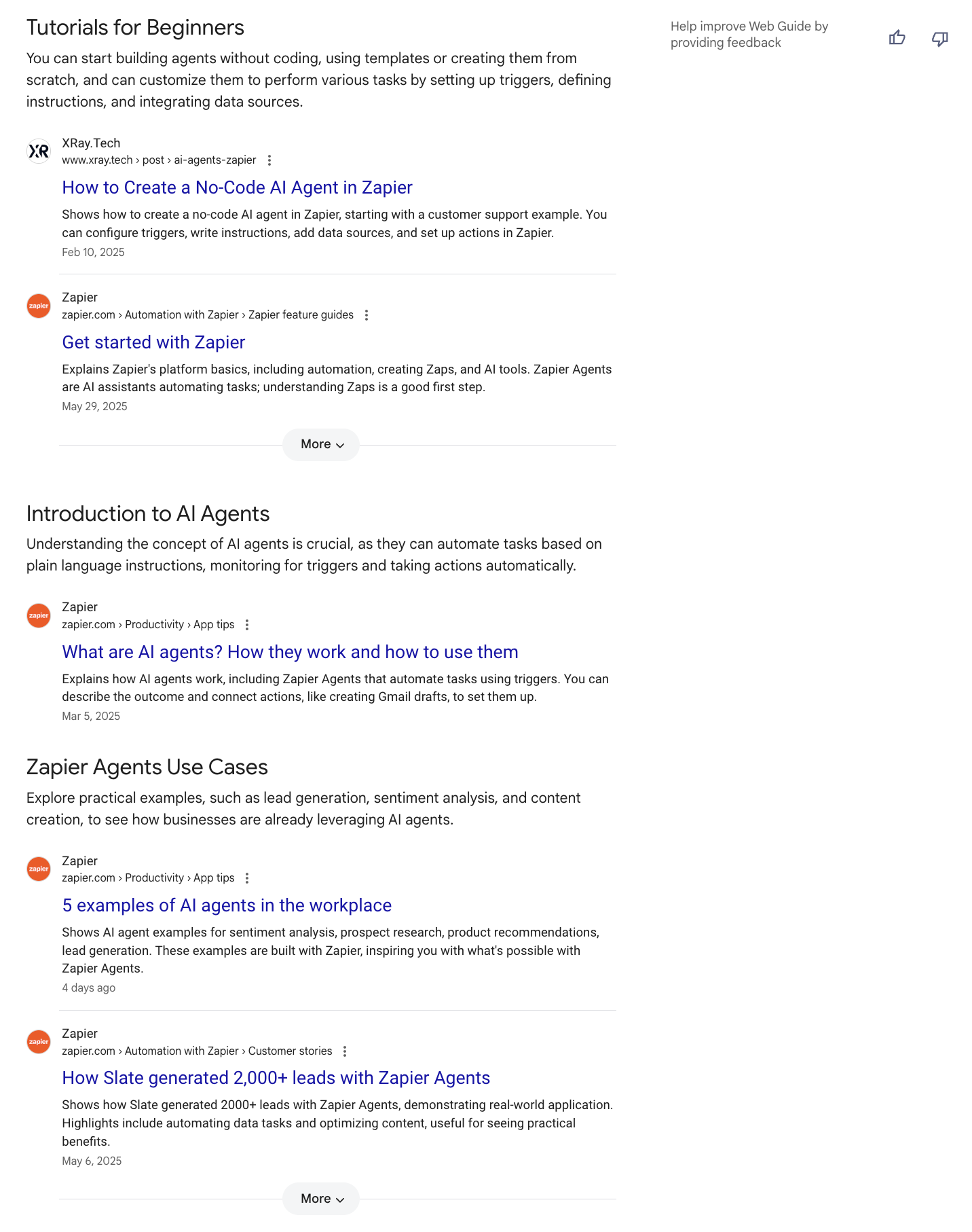 Google Web Guide results grouped into themes