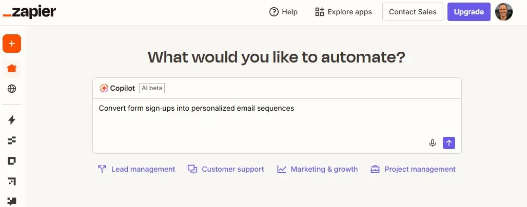 The Zapier Copilot window in the Zapier homepage