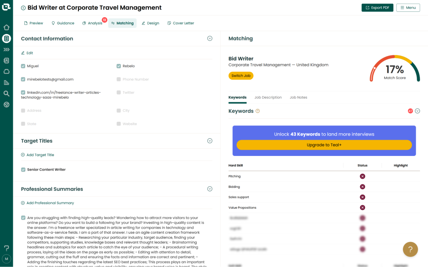 Teal, our pick for the best free resume builder for tracking multiple job applications