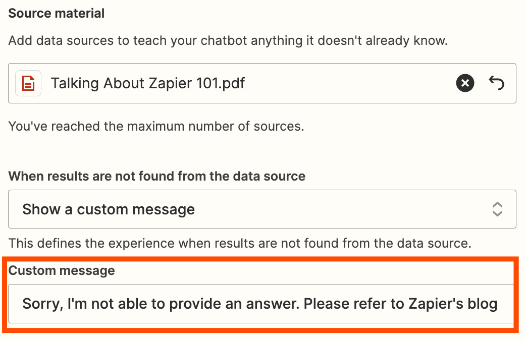 A field to add a custom message for when a data source isn't found.