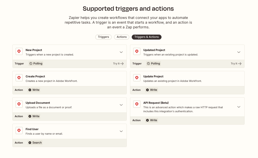 Supported triggers and actions for Adobe Workfront