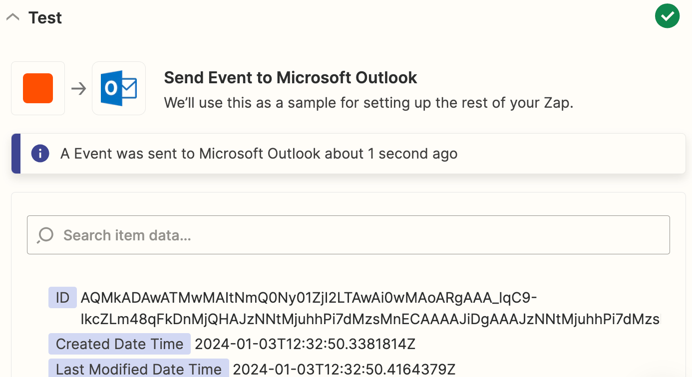 Screenshot of Outlook event test