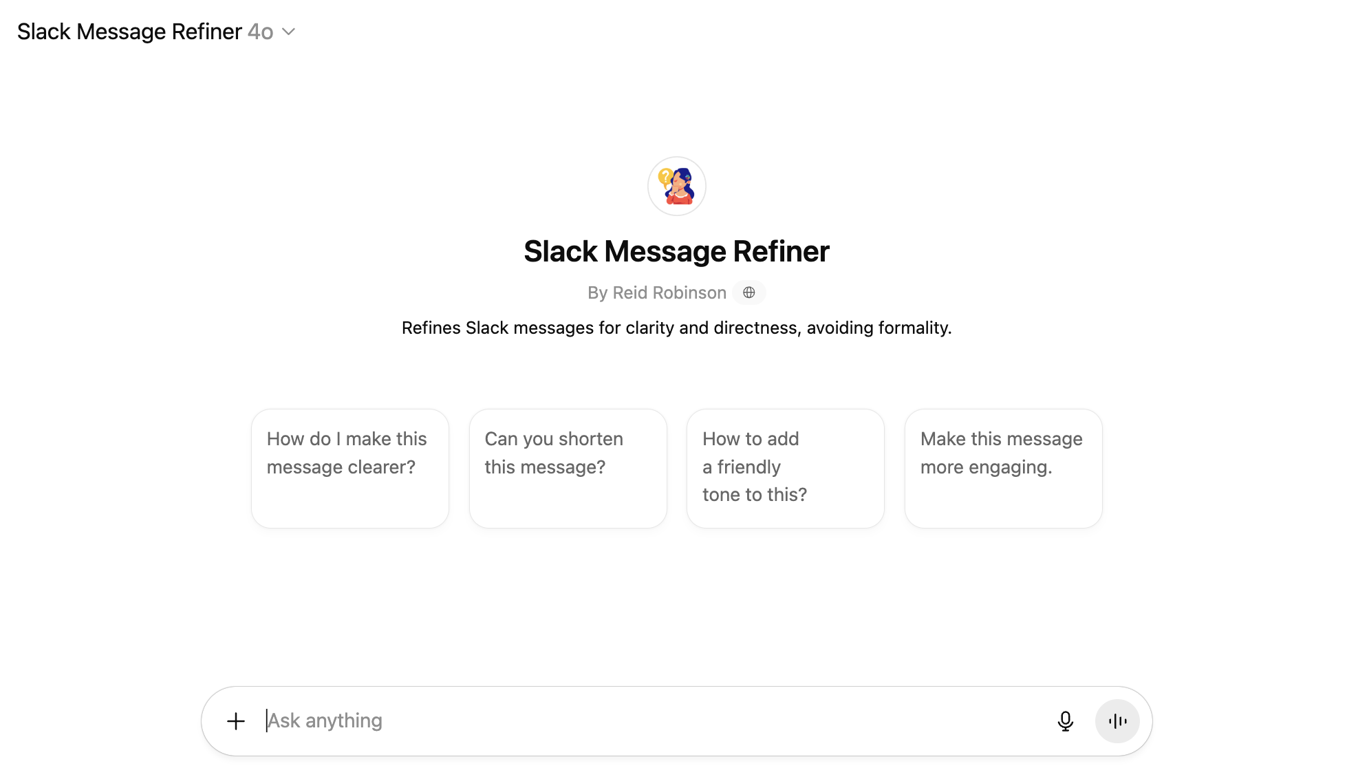 Example of a custom GPT for refining Slack messages. 